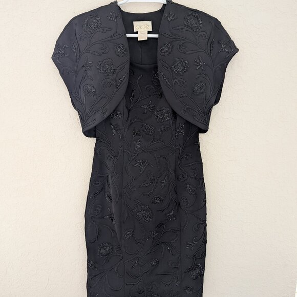 Vintage Cache Beaded Black Dress Matching Jacket Size 2 Glam Formal - Picture 1 of 14